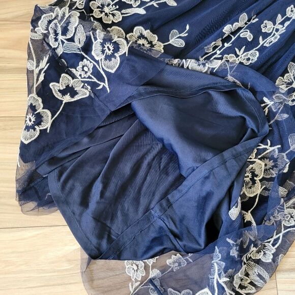 Beige by ECI Embroidered Tulle Illusion Midi Dress in Black Navy - Picture 4 of 13